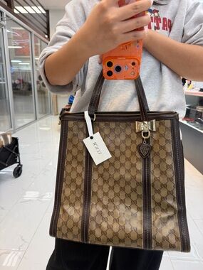 Gucci Beige and Dark Brown Monogram Tote with Charm